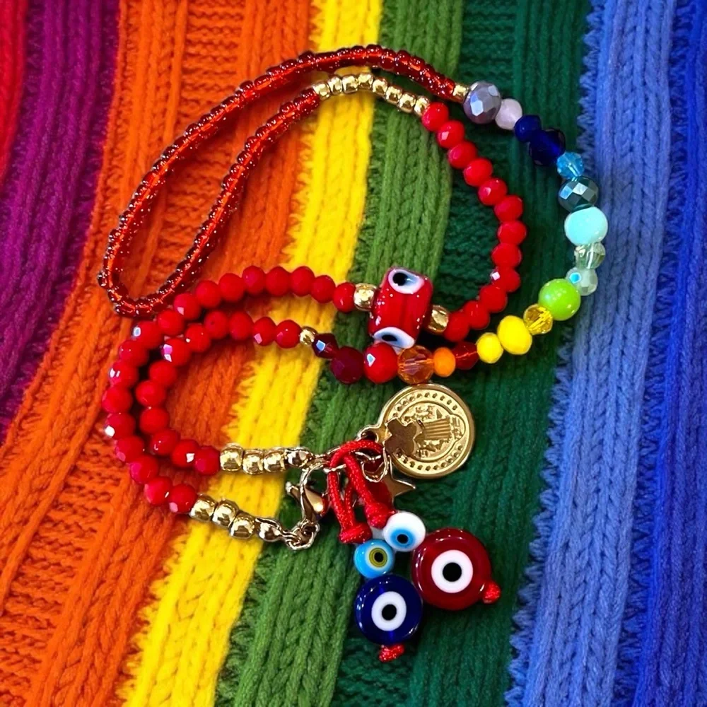 Vibrant Red Hand Beaded Rainbow and Evil Eye Protection Necklace 16”